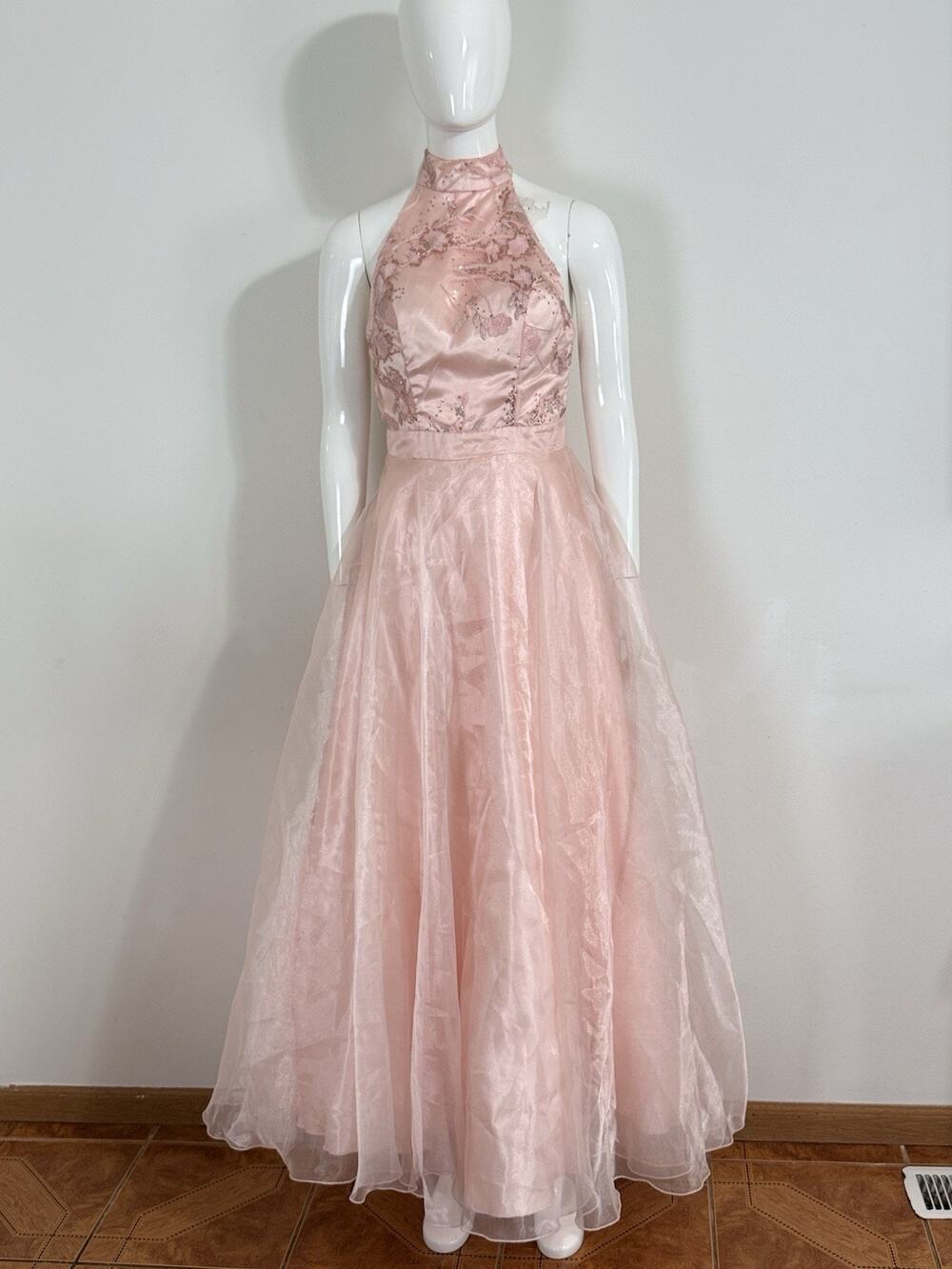 Windsor Pink Halter Prom Dress Sz 3/4 Formal Gown Sequined Floral Sheer Overlay
